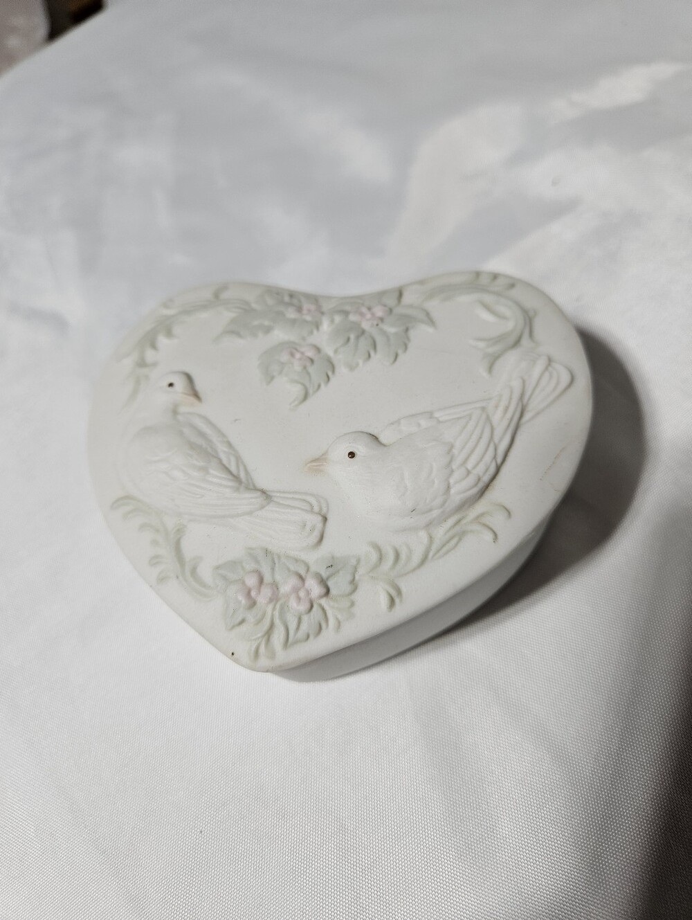 Crowning Touch Collection Heart Shape With Doves Trinket Box. Bisque Porcelain